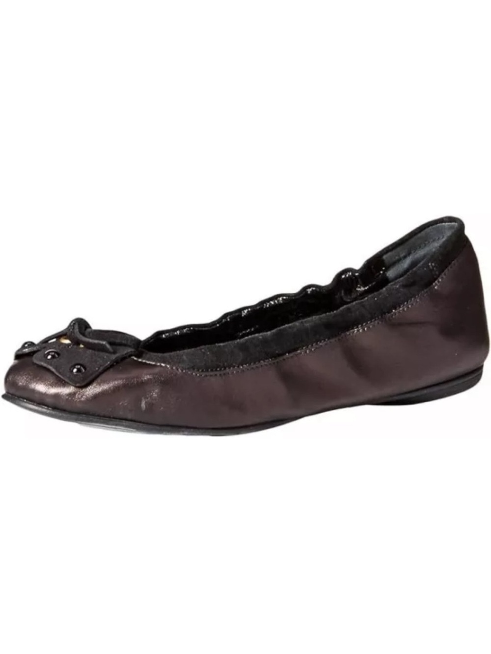 Sergio Rossi Women's Flat Black Gunmetal Leather Bow Flat Slip on Elastic 35.5